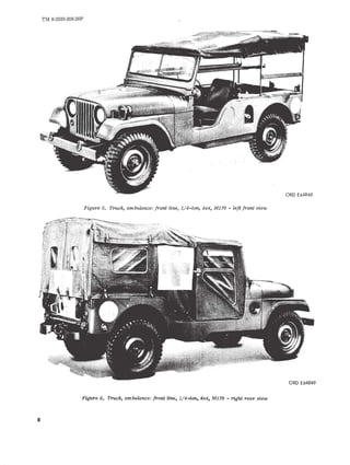 8 
TM 9-2320-208-20P 
Figure 5. Truck, ambulance: front line, 1/4-ton, 4"4, M170 - left front view 
Figure 6. Truck, ambulance: front line, 1/4-ton, 4"4, M170 - right rear view 
OROE6<IB43 
OROE64849 
 