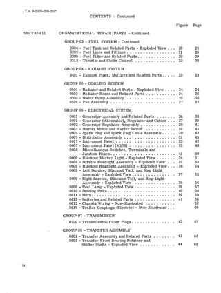 TM 9-2320-208-20P 
SECTION II. 
. II 
CONTENTS - Continued 
Figure Page 
ORGANIZATIONAL REPAIR PARTS - Continued 
GROUP 03 - FUEL SYSTEM - Continued 
0306 - Fuel Tank and Related Parts - Exploded View. •• 20 26 
0306 - Fuel Lines and Fittings. . . • . • . • . . • . • . . • •• 21 28 
0309 - Fuel Filter and Related Parts. . • . • . • • . . • • •. 20 29 
0312 - Throttle and Choke Control ••••••••.••.••• 22 30 
GROUP 04 - EXHAUST SYSTEM 
0401 - Exhaust Pipes, Mufflers and Related Parts. . . •• 23 33 
GROUP 05 - COOLING SYSTEM 
0501 - Radiator and Related Parts - Exploded View. . .. 24 34 
0503 - Radiator Hoses and Related Parts. . . • • . • • • •. 24 35 
0504 - Water Pump Assembly .•••.••.•.•••••.•. 25 36 
0505 - Fan Assembly . . . • . • . . • • . • • • • . • • • • . • .• 27 37 
GROUP 06 - ELECTRICAL SYSTEM 
0601 - Generator Assembly and Related Parts ••..••. 26 38 
0601 - Generator (Alternator), Regulator and Cables . •. 27 39 
0602 - Generator Regulator Assembly . • • . • . . • . . . .. 28 41 
0603 - starter Motor and Starter Switch •.••••...•. 29 42 
0605 - Spark Plug and Spark Plug Cable Assembly. • • •• 30 43 
0605 - Distributor Assembly • . • • • . • • . . • . • • • • • •• 31 45 
0607 - Instrument Panel . • • • • • • • • • • • • • • • • • • • •• 32 47 
0607 - Instrument Panel (M170) •• • • . • • • • • . • • • • •. 33 48 
0608 - Miscellaneous Switches, Terminals and 
Junction Boxes. • • • . • • • • . . • • • • • . • • • . . •• 41 50 
0609 - Blackout Marker Light - Exploded View. . • • . •• 34 51 
0609 - Service Headlight Assembly - Exploded View ••. 35 53 
0609 - Blackout Headlight Assembly - Exploded View. •• 36 54 
0609 - Left Service, Blackout Tail, and Stop Light 
Assembly - Exploded View. • . . • • • • . • . • • . .. 37 55 
0609 - Right Service, Blackout Tail, and stop Light 
Assembly - Exploded View. • • • . • • • • . . • . • •. 38 56 
0609 - Reel Lamp - Exploded View . • • • • • • • . • • . • •• 39 57 
0610 - Sending Units. • • • • • • • • • • • • • • • • . • • . • • •• 40 58 
0611 - Horn. . • • • • . . • • • . . • . . • • • . . • • • . • • • • •• 59 59 
0612 - Batteries and Related Parts ....•......... , 41 60 
0613 - Chassis Wiring - Non-illustrated .•..•.••.•. 62 
0617 - Trailer Couplings (Electric) - Non-illustrated. • . 66 
GROUP 07 - TRANSMISSION 
0700 - Transmission Filler Plugs. • . . . . . • . . . . . . •• 42 67 
GROUP 08 - TRANSFER ASSEMBLY 
0801 - Transfer Assembly and Related Parts • • • • . . .. 43 68 
0803 - Transfer Front Bearing Retainer and 
Shifter Shafts - Exploded View , 44 69 
 