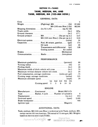 SECTION VI-TANKS 
TANK, MEDIUM, M4, AND 
TANK, MEDIUM, M4 (1O5-MM HOW.) 
GENERAL DATA 
Crew 5 
Weight (Fighting), M4 (Ib) 67,300 
M4 (105-mm How.) (Ib) 68,500 
Shipping dimensions (cu ft) 1,452 (sq ft) 166 
Track width (in.) 
Ground clearance (in.) 
Ground pressure M4 '(Ibs per sq in.) 13.4 
M4 (105-mm How.). (Ibs per sq in.) 13.6 
Electrical system (volts) 24 
Capacities Fuel, 80 octane, gasoline (gal) 175 
Oil tank (qt) 36 
Transmission and differential.. .(qt) 128 
Cooling system Air cooled 
Brakes Mechanical 
Communication Radio Interphone 
PERFORMANCE 
Maximum gradability (percent) 60 
Turning radius (ft) 31 
Fording depth (in.) 36 
Maximum width of ditch vehicle will cross (in.) 72 
Maximum vertical obstacle vehicle will climb .(in.) 24 
Fuel consumption, average conditions (miles per gal) .75 
Cruising range, average conditions (miles) 125 
Maximum allowable speed (niph) 24 
1st 2nd 3rd 4th 5th 
Cruising speed. 2 5 9 14 21 
ENGINE 
Manufacturer Continental Model R975-C1 
Type Radial, 4 cycle Number of cylinders 9 
Displacement i (cu in.) 973 
Governed speed (rpm) 2,400 
Brake horsepower 400 
Ignition type Magneto 
ADDITIONAL DATA 
Tank, medium, M4 (105-mm How.), is identical with Tank, medium, M4, 
Generated on 2013-05-07 17:36 GMT / http://hdl.handle.net/2027/uc1.b3244022 
Public Domain, Google-digitized / http://www.hathitrust.org/access_use#pd-google 
except carries 105-mm howitzer, T8 instead of 75-mm gun, M3. Weights 
based on chevron steel track T54E1. 
107 
 