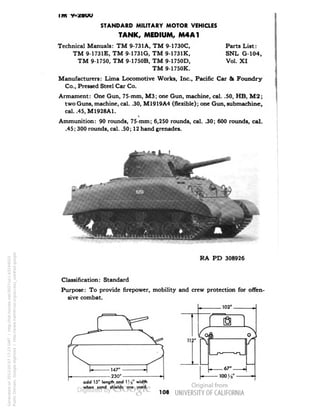 iivi y-zouu 
STANDARD MILITARY MOTOR VEHICLES 
TANK, MEDIUM, M4A1 
Technical Manuals: TM 9-731A, TM 9-1730C, 
TM 9-1731E, TM 9-1731G, TM 9-1731K, 
TM 9-1750, TM 9-1750B, TM 9-1750D, 
TM 9-1750K. 
Parts List: 
SNL G-104, 
Vol. XI 
Manufacturers: Lima Locomotive Works, Inc., Pacific Car & Foundry 
Co., Pressed Steel Car Co. 
Armament: One Gun, 75-mm, M3; one Gun, machine, cal. .50, HB, M2; 
two Guns, machine, cal. .30, M1919A4 (flexible); one Gun, submachine, 
cal. .45, M1928A1. 
Ammunition: 90 rounds, 75-mm; 6,250 rounds, cal. .30; 600 rounds, cal. 
.45; 300 rounds, cal. .50; 12 hand grenades. 
RA PD 308926 
Classification: Standard 
Purpose: To provide firepower, mobility and crew protection for offen-sive 
combat. 
102' 
112* 
add 15' length and 1)8' width 
when sand shields are used. 
— 67' 
100!,. 
108 
Generated on 2013-05-07 17:23 GMT / http://hdl.handle.net/2027/uc1.b3244022 
Public Domain, Google-digitized / http://www.hathitrust.org/access_use#pd-google 
 