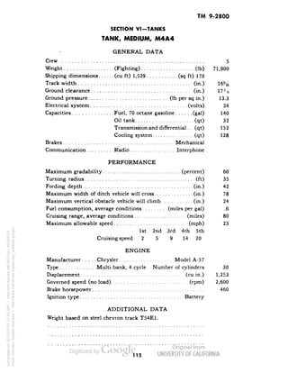 TM 9-2800 
SECTION VI-TANKS 
TANK, MEDIUM, M4A4 
GENERAL DATA 
Crew 5 
Weight (Fighting) (Ib) 71,900 
Shipping dimensions (cu ft) 1,529 (sq ft) 170 
Track width (in.) 16% 
Ground clearance (in.) 171/% 
Ground pressure (Ib per sq in.) 13.3 
Electrical system (volts) 24 
Capacities Fuel, 70 octane gasoline (gal) 140 
Oil tank (qt) 32 
Transmission and differential. . . (qt) 152 
Cooling system (qt) 128 
Brakes Mechanical 
Communication Radio Interphone 
PERFORMANCE 
Maximum gradability (percent) 60 
Turning radius (ft) 35 
Fording depth (in.) 42 
Maximum width of ditch vehicle will cross (in.) 78 
Maximum vertical obstacle vehicle will climb (in.) 24 
Fuel consumption, average conditions (miles per gal) .6 
Cruising range, average conditions (miles) 80 
Maximum allowable speed (mph) 23 
1st 2nd 3rd 4th 5th 
Cruising speed. 2 5 9 14 20 
ENGINE 
Manufacturer Chrysler Model A-57 
Type Multi-bank, 4 cycle. . Number of cylinders 30 
Displacement (cu in.) 1,253 
Governed speed (no load) (rpm) 2,600 
Brake horsepower 460 
Ignition type Battery 
ADDITIONAL DATA 
Weight based on steel chevron track T54E1. 
115 
Generated on 2013-05-07 17:20 GMT / http://hdl.handle.net/2027/uc1.b3244022 
Public Domain, Google-digitized / http://www.hathitrust.org/access_use#pd-google 
 