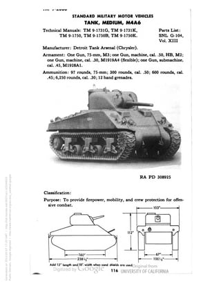 STANDARD MILITARY MOTOR VEHICLES 
TANK, MEDIUM, M4A6 
Technical Manuals: TM 9-1731G, TM 9-1731K, Parts List: 
TM 9-1750, TM 9-1750B, TM 9-1750K. SNL G-104, 
Vol. XIII 
Manufacturer: Detroit Tank Arsenal (Chrysler). 
Armament: One Gun, 75-mm, M3; one Gun, machine, cal. .50, HB, M2; 
one Gun, machine, cal. .30, M1919A4 (flexible); one Gun, submachine, 
cal. .45, M1928A1. 
Ammunition: 97 rounds, 75-mm; 300 rounds, cal. .50; 600 rounds, cal. 
.45; 6,250 rounds, cal. .30; 12 hand grenades. 
RA PD 308925 
Classification: 
Purpose: To provide firepower, mobility, and crew protection for offen-sive 
combat. 
a 
_ o 
<§> 
o 
112" 
67"— 
100^"- 
Add 15" length and 18" width when sand shields are used. 
116 
Generated on 2013-05-07 17:20 GMT / http://hdl.handle.net/2027/uc1.b3244022 
Public Domain, Google-digitized / http://www.hathitrust.org/access_use#pd-google 
 