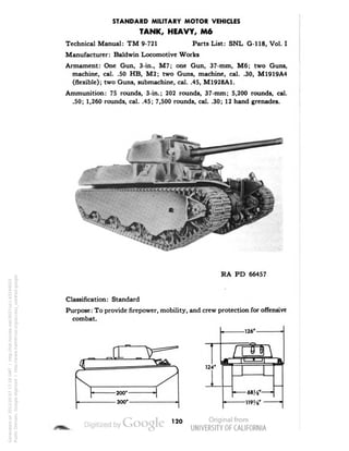 STANDARD MILITARY MOTOR VEHICLES 
TANK, HEAVY, M6 
Technical Manual: TM 9-721 Parts List: SNL G-118, Vol. I 
Manufacturer: Baldwin Locomotive Works 
Armament: One Gun, 3-in., M7; one Gun, 37-mm, M6; two Guns, 
machine, cal. .50 HB, M2; two Guns, machine, cal. .30, M1919A4 
(flexible); two Guns, submachine, cal. .45, M1928A1. 
Ammunition: 75 rounds, 3-in.; 202 rounds, 37-mm; 5,200 rounds, cal. 
.50; 1,260 rounds, cal. .45; 7,500 rounds, cal. .30; 12 hand grenades. 
RA PD 66457 
Classification: Standard 
Purpose: To provide firepower, mobility, and crew protection for offensive 
combat. 
120 
Generated on 2013-05-07 17:18 GMT / http://hdl.handle.net/2027/uc1.b3244022 
Public Domain, Google-digitized / http://www.hathitrust.org/access_use#pd-google 
 