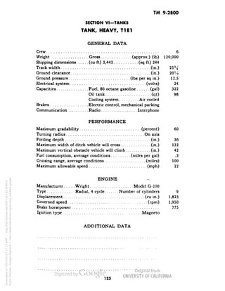 TM 9-2800 
SECTION VI-TANKS 
TANK, HEAVY, T1E1 
GENERAL DATA 
Crew 6 
Weight Gross (approx.) (Ib) 120,000 
Shipping dimensions (cu ft) 2,442 (sq ft) 244 
Track width (in.) 25% 
Ground clearance (in.) 20V£ 
Ground pressure (Ibs per sq in.) 12.5 
Electrical system (volts) 24 
Capacities Fuel, 80 octane gasoline (gal) 322 
Oil tank (qt) 98 
Cooling system Air cooled 
Brakes Electric control, mechanical parking 
Communication Radio Interphone 
PERFORMANCE 
Maximum gradability (percent) 60 
Turning radius . On axis 
Fording depth (in.) 36 
Maximum width of ditch vehicle will cross (in.) 132 
Maximum vertical obstacle vehicle will climb (in.) 42 
Fuel consumption, average conditions (miles per gal) .3 
Cruising range, average conditions (miles) 100 
Maximum allowable speed (mph) 22 
ENGINE -> 
Manufacturer Wright Model G-200 
Type Radial, 4 cycle Number of cylinders 9 
Displacement (cu in.) 1,823 
Governed speed (rpm) 1,950 
Brake horsepower 775 
Ignition type Magneto 
ADDITIONAL DATA 
125 
Generated on 2013-05-07 17:17 GMT / http://hdl.handle.net/2027/uc1.b3244022 
Public Domain, Google-digitized / http://www.hathitrust.org/access_use#pd-google 
 