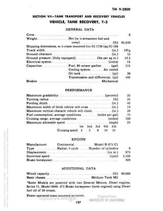 TM 9-2800 
SECTION VII-TANK TRANSPORT AND RECOVERY VEHICLES 
VEHICLE, TANK RECOVERY, T-2 
GENERAL DATA 
Crew 6 
Weight Net (w/o armament fuel and 
crew) (Ib) 65,620 
Shipping dimensions, w/o crane mounted (cu ft) 1736 (sq ft) 169 
Track width (in.) 16% 
Ground clearance (in.) 15 
Ground pressure: (fully equipped) (Ibs per sq in.) 12.5 
Electrical system (volts) 12 
Capacities Fuel, 80 octane gsoline (gal) 175 
Cooling system Air cooled 
Oil tank (qt) 36 
Transmission and differential.. (qt) 144 
Brakes Mechanical 
PERFORMANCE 
Maximum gradability (percent) 35 
Turning radius (ft) 35 
Fording depth (in.) 42 
Maximum width of ditch vehicle will cross (in.) 72 
Maximum vertical obstacle vehicle will climb (in.) 24 
Fuel consumption, average conditions (miles per gal) .75 
Cruising range, average conditions (miles) 100 
Maximum allowable speed (mph) 25 
1st 2nd 3rd 4th 5th 
Cruising speed 2 5 9 14 21 
ENGINE 
Manufacturer Continental Model R-975-C1 
Type Radial, 4 cycle Number of cylinders 9 
Displacement (cu in.) 973 
Governed speed (rpm) 2,100 
Brake horsepower 400 
ADDITIONAL DATA 
Winch capacity (Ib) 60,000 
Basic chassis Medium Tank M3 
*Some Models are powered with two General Motors, Diesel engines, 
Series 71, Model 6046. 375 Brake horsepower (both engines) using Diesel 
Generated on 2013-05-07 17:16 GMT / http://hdl.handle.net/2027/uc1.b3244022 
Public Domain, Google-digitized / http://www.hathitrust.org/access_use#pd-google 
fuel oil of 50 cetane. 
Power operated crane mounted on turret. 
127 
 