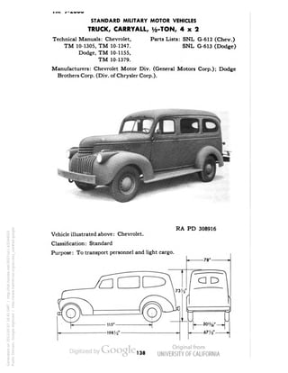 STANDARD MILITARY MOTOR VEHICLES 
TRUCK, CARRYALL, i/2-TON, 4x2 
Technical Manuals: Chevrolet, Parts Lists: SNL G-612 (Chev.) 
TM 10-1305, TM 10-1247. SNL G-613 (Dodge) 
Dodge, TM 10-1155, 
TM 10-1379. 
Manufacturers: Chevrolet Motor Div. (General Motors Corp.); Dodge 
Brothers Corp. (Div. of Chrysler Corp.). 
Vehicle illustrated above: Chevrolet. 
Classification: Standard 
Purpose: To transport personnel and light cargo. 
RA PD 308916 
138 
Generated on 2013-05-07 16:45 GMT / http://hdl.handle.net/2027/uc1.b3244022 
Public Domain, Google-digitized / http://www.hathitrust.org/access_use#pd-google 
 