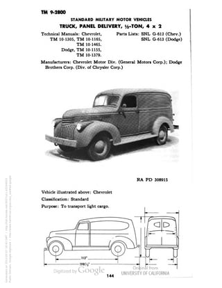 TM 9-2800 
STANDARD MILITARY MOTOR VEHICLES 
TRUCK, PANEL DELIVERY, y2-TON, 4x2 
Parts Lists: SNL G-612 (Chev.) 
SNL G-613 (Dodge) 
Technical Manuals: Chevrolet, 
TM 10-1305, TM 10-1165, 
TM 10-1465. 
Dodge, TM 10-1155, 
TM 10-1379. 
Manufacturers: Chevrolet Motor Div. (General Motors Corp.); Dodge 
Brothers Corp. (Div. of Chrysler Corp.) 
RA PD 308915 
Vehicle illustrated above: Chevrolet 
Classification: Standard 
Purpose: To transport light cargo. 
c 
D 
144 
Generated on 2013-05-07 16:43 GMT / http://hdl.handle.net/2027/uc1.b3244022 
Public Domain, Google-digitized / http://www.hathitrust.org/access_use#pd-google 
 