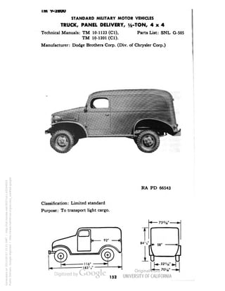 IIYI V-/BUU 
STANDARD MILITARY MOTOR VEHICLES 
TRUCK, PANEL DELIVERY, y2-TON, 4x4 
Technical Manuals: TM 10-1123 (Cl), Parts List: SNL G-505 
TM 10-1201 (Cl). 
Manufacturer: Dodge Brothers Corp. (Div. of Chrysler Corp.) 
RA PD 66543 
Classification: Limited standard 
Purpose: To transport light cargo. 
84's' 
152 
Generated on 2013-05-07 15:21 GMT / http://hdl.handle.net/2027/uc1.b3244022 
Public Domain, Google-digitized / http://www.hathitrust.org/access_use#pd-google 
 