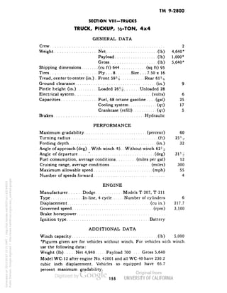 TM 9-2800 
SECTION VIII-TRUCKS 
TRUCK, PICKUP, i/2-TON, 4x4 
GENERAL DATA 
Crew 2 
Weight Net (Ib) 4,640* 
Payload (Ib) 1,000* 
Gross (Ib) 5,640* 
Shipping dimensions (cu ft) 644 (sq ft) 95 
Tires Ply ... 8 Size . . . 7.50 x 16 
Tread, center to center (in.). Front 59?/g Rear 61 % 
Ground clearance (in.) 9 
Pintle height (in.) Loaded 26H Unloaded 28 
Electrical system (volts) 6 
Capacities Fuel, 68 octane gasoline. . . .(gal) 25 
Cooling system (qt) 17 
Crankcase (refill) (qt) 5 
Brakes Hydraulic 
PERFORMANCE 
Maximum gradability (percent) 60 
Turning radius (ft) 25l/' 
Fording depth (in.) 32 
Angle of approach (deg). .With winch 45 . .Without winch 62]/2 
Angle of departure' (deg) 31 Yi 
Fuel consumption, average conditions (miles per gal) 12 
Cruising range, average conditions (miles) 300 
Maximum allowable speed (mph) 55 
Number of speeds forward 4 
ENGINE 
Manufacturer Dodge Models T-207, T-211 
Type In-line, 4 cycle Number of cylinders 6 
Displacement (cu in.) 217.7 
Governed speed (rpm) 3,100 
Brake horsepower 
Ignition type Battery 
ADDITIONAL DATA 
Winch capacity (Ib) 5,000 
'Figures given are for vehicles without winch. For vehicles with winch 
use the following data: 
Generated on 2013-05-07 15:21 GMT / http://hdl.handle.net/2027/uc1.b3244022 
Public Domain, Google-digitized / http://www.hathitrust.org/access_use#pd-google 
Weight (Ib) Net 4,940 Payload 700 Gross 5,640 
Model WC-12 after engine No. 42001 and all WC-40 have 230.2 
cubic inch displacement. Vehicles so equipped have 65.7 
percent maximum gradability. 
155 
 