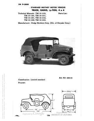 TM 9-28OO 
- STANDARD MILITARY MOTOR VEHICLES 
TRUCK, RADIO, y2-TON, 4x4 
Technical Manuals: TM 10-1123, Parts List: 
TM 10-1181, TM 10-1211, 
TM 10-1201, TM 10-1153, 
TM 10-1209, TM 10-1443. 
Manufacturer: Dodge Brothers Corp. (Div. of Chrysler Corp.) 
Classification: Limited standard 
Purpose: 
RA PD 309119 
156 
Generated on 2013-05-07 15:20 GMT / http://hdl.handle.net/2027/uc1.b3244022 
Public Domain, Google-digitized / http://www.hathitrust.org/access_use#pd-google 
 