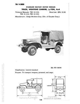 TM 9-2800 
STANDARD MILITARY MOTOR VEHICLES 
TRUCK, WEAPONS CARRIER, V2-TON, 4x4 
Technical Manuals: TM 10-1123, Parts List: SNL G-505 
TM 10-1153, TM 10-1443. 
Manufacturer: Dodge Brothers Corp. (Div. of Chrysler Corp.) 
RA PD 66549 
Classification: Limited standard 
Purpose: To transport weapons, personnel, and cargo. 
884' 
reducible to 65 % 
158 
Generated on 2013-05-07 15:20 GMT / http://hdl.handle.net/2027/uc1.b3244022 
Public Domain, Google-digitized / http://www.hathitrust.org/access_use#pd-google 
 