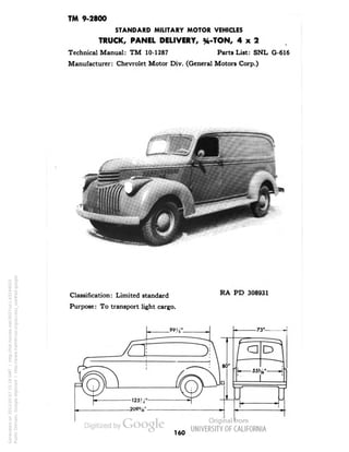 TM 9-2800 
STANDARD MILITARY MOTOR VEHICLES 
TRUCK, PANEL DELIVERY, %-TON, 4x2 
Technical Manual: TM 10-1287 Parts List: SNL G-616 
Manufacturer: Chevrolet Motor Div. (General Motors Corp.) 
Classification: Limited standard 
Purpose: To transport light cargo. 
RA PD 308931 
160 
Generated on 2013-05-07 15:19 GMT / http://hdl.handle.net/2027/uc1.b3244022 
Public Domain, Google-digitized / http://www.hathitrust.org/access_use#pd-google 
 