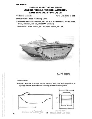 TM 9-2800 
STANDARD MILITARY MOTOR VEHICLES 
LANDING VEHICLE, TRACKED (ARMORED), 
ARMY TYPE, MK II —LVT (A) (2) 
Technical Manuals: Parts List: SNL G-168 
i 
Manufacturer: Food Machinery Corp. 
Armament: One Gun, machine, cal. .50, HB M2 (flexible); one to three 
Guns, machine, cal. .30, M1919A4 (flexible). 
Ammunition: 1,000 rounds, cal. .50; 2,000 rounds, cal. .30. 
RA PD 309075 
Classification: 
Purpose: For use in rough terrain, swamp land, and self-propulsion in 
exposed waters. Also used for landing on beach through surf. 
14 
Generated on 2013-05-07 08:37 GMT / http://hdl.handle.net/2027/uc1.b3244022 
Public Domain, Google-digitized / http://www.hathitrust.org/access_use#pd-google 
 