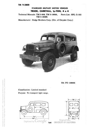 TM 9-2800 
STANDARD MILITARY MOTOR VEHICLES 
TRUCK, CARRYALL, %-TON, 4x4 
Technical Manuals: TM 9-808, TM 9-1808A, Parts List: SNL G-502 
TM 9-1808B. 
Manufacturer: Dodge Brothers Corp. (Div. of Chrysler Corp.) 
Classification: Limited standard 
Purpose: To transport light cargo. 
RA PD 308966 
-78 V 
ao 
74* a*- 
164 
Generated on 2013-05-07 15:17 GMT / http://hdl.handle.net/2027/uc1.b3244022 
Public Domain, Google-digitized / http://www.hathitrust.org/access_use#pd-google 
 