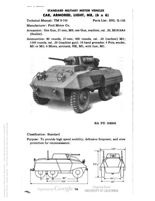 STANDARD MILITARY MOTOR VEHICLES 
CAR, ARMORED, LIGHT, M8, (6 x 6) 
Technical Manual: TM 9-743 Parts List: SNL G-136 
Manufacturer: Ford Motor Co. 
Armament: One Gun, 37-mm, M6; one Gun, machine, cal. .30, M1919A4 
(flexible). 
Ammunition: 80 rounds, 37-mm; 400 rounds, cal. .30 (carbine) Ml; 
1500 rounds, cal. .30 (machine gun); 16 hand grenades; 4 Pots, smoke, 
M1 or M2; 6 Mines, antitank, HE, M1, with fuze, M1. 
RA PD 308906 
Classification: Standard 
Purpose: To provide high speed mobility, defensive firepower, and crew 
protection for reconnaissance. 
16 
Generated on 2013-05-07 09:49 GMT / http://hdl.handle.net/2027/uc1.b3244022 
Public Domain, Google-digitized / http://www.hathitrust.org/access_use#pd-google 
 