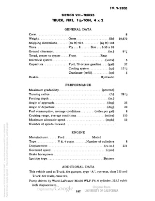 TM 9-2800 
SECTION VIM-TRUCKS 
TRUCK, FIRE, iVfe-TON, 4x2 
GENERAL DATA 
Crew • 8 
Weight Gross (Ib) 10,670 
Shipping dimensions (cu ft) 934 (sq ft) 138 
Tires Ply ... 8 Size . .. 6.50 x 20 
Ground clearance (in.) 9j<i 
Tread, center to center Front Rear 
Electrical system (volts) 6 
Capacities Fuel, 70 octane gasoline .... (gal) 37 
Cooling system (qt) 17M 
Crankcase (refill) (qt) 5 
Brakes Hydraulic 
PERFORMANCE 
Maximum gradability (percent) 
Turning radius (ft) 29H 
Fording depth (in.) 
Angle of approach (deg) 35 
Angle of departure (deg) 20 
Fuel consumption, average conditions (miles per gal) 8 
Cruising range, average conditions (miles) 150 
Maximum allowable speed (mph) 53 
Number of speeds forward 
ENGINE 
Manufacturer Ford '. Model 
Type V-8, 4 cycle Number of cylinders 8 
Displacement (cu in.) 221 
Governed speed (rpm) 
Brake horsepower 
Ignition type Battery 
ADDITIONAL DATA 
This vehicle used as Truck, fire pumper, type "A", overseas, class 325 and 
Truck, fire crash, class 125. 
Pump driven by Ward-LaFrance Model WLF-F6, 6 cylinder, 225.7 cubic 
inch displacement. 
187 
Generated on 2013-05-08 15:02 GMT / http://hdl.handle.net/2027/uc1.b3244022 
Public Domain, Google-digitized / http://www.hathitrust.org/access_use#pd-google 
 