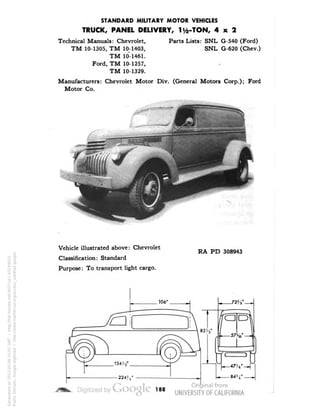 STANDARD MILITARY MOTOR VEHICLES 
TRUCK, PANEL DELIVERY, ly2-TON, 4x2 
Technical Manuals: Chevrolet, Parts Lists: SNL G-540 (Ford) 
TM 10-1305, TM 10-1403, SNL G-620 (Chev.) 
TM 10-1461. 
Ford, TM 10-1257, 
TM 10-1329. 
Manufacturers: Chevrolet Motor Div. (General Motors Corp.); Ford 
Motor Co. 
Vehicle illustrated above: Chevrolet 
Classification: Standard 
Purpose: To transport light cargo. 
RA PD 308943 
188 
Generated on 2013-05-08 15:01 GMT / http://hdl.handle.net/2027/uc1.b3244022 
Public Domain, Google-digitized / http://www.hathitrust.org/access_use#pd-google 
 
