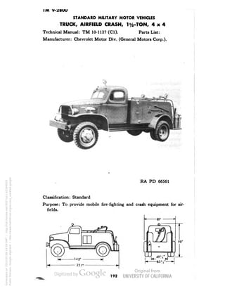I/W V-/BUU 
STANDARD MILITARY MOTOR VEHICLES 
TRUCK, AIRFIELD CRASH, ly2-TON, 4x4 
Technical Manual: TM 10-1127 (Cl). Parts List: 
Manufacturer: Chevrolet Motor Div. (General Motors Corp.). 
• 
RA PD 66561 
Classification: Standard 
Purpose: To provide mobile fire-fighting and crash equipment for air-fields. 
-87 
Q 
LU 
98" 
192 
Generated on 2013-05-08 14:59 GMT / http://hdl.handle.net/2027/uc1.b3244022 
Public Domain, Google-digitized / http://www.hathitrust.org/access_use#pd-google 
 