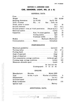 i in T-SECTION 
II -ARMORED CARS 
CAR, ARMORED, LIGHT, MS, (6 x 6) 
GENERAL DATA 
Crew ................................ 4 
Weight ................... Gross ...................... (Ib) 16,500 
Shipping dimensions ........ (cu ft) 695 ........... (sq ft) 194 
Tires— Combat ............ Ply ... 12 ........ Size . . . 9.00 x 20 
Tread, center to center ................................ (in.) 76 
Ground clearance ..................................... (in.) 1 1 % 
Ground pressure — tires, at 4-inch penetration. . . . (Ibs per sq in.) 11.7 
Electrical system ................................... (volts) 12 
Capacities ................ Fuel, 70 octane gasoline ..... (gal) 59 
Cooling system .............. (qt) 23 
Crankcase (refill) ............ (qt) 7 
Brakes .............................. Hydraulic (Hydrovac) 
Communication ............ Radio ............... Interphone 
PERFORMANCE 
Maximum gradability ............................ (percent) 60 
Turning radius ........................................ (ft) 27^ 
Fording depth ........................................ (in.) 32 
Angle of approach ................................... (deg) 60 
Angle of departure ................................... (deg) 60 
Fuel consumption, average conditions .......... (miles per gal) 7}^ 
Cruising range, average conditions .................... (miles) 400 
Maximum allowable speed ........................... (mph) 56 
1st 2nd 3rd 4th 
Cruising speed. . 8 15 32 56 
ENGINE 
Manufacturer ...... Hercules ................... Model JXD 
Type .............. In-line, 4 cycle ...... Number of cylinders 6 
Displacement ...................................... (cu in.) 320 
Governed speed .............................. Not governed 
Brake horsepower ......................................... 110 
Ignition type ...................................... Battery 
ADDITIONAL DATA 
Generated on 2013-05-07 09:50 GMT / http://hdl.handle.net/2027/uc1.b3244022 
Public Domain, Google-digitized / http://www.hathitrust.org/access_use#pd-google 
 