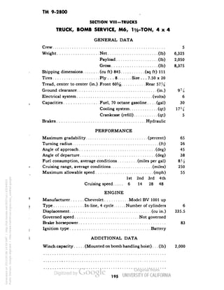 TM 9-2800 
SECTION VIII-TRUCKS 
TRUCK, BOMB SERVICE, M6, li/fe-TON, 4x4 
GENERAL DATA 
Crew 5 
Weight Net (Ib) 6,325 
Payload (Ib) 2,050 
Gross (Ib) 8,375 
Shipping dimensions (cu ft) 845 (sq ft) 111 
Tires Ply ... 8 Size ... 7.50 x 20 
Tread, center to center (in.).Front 60% Rear 57^ 
Ground clearance (in.) 9 J^ 
Electrical system (volts) 6 
Capacities Fuel, 70 octane gasoline.... (gal) 30 
Cooling system (qt) 17% 
Crankcase (refill) (qt) 5 
Brakes Hydraulic 
PERFORMANCE 
Maximum gradability (percent) 65 
Turning radius (ft) 26 
Angle of approach (deg) 45 
Angle of departure (deg) 38 
Fuel consumption, average conditions (miles per gal) 8J/2 
Cruising range, average conditions (miles) 250 
Maximum allowable speed (mph) 55 
1st 2nd 3rd 4th 
Cruising speed 6 14 28 48 
ENGINE 
Manufacturer Chevrolet Model BV 1001 up 
Type In-line, 4 cycle Number of cylinders 6 
Displacement (cu in.) 235.5 
Governed speed Not governed 
Brake horsepower 83 
Ignition type Battery 
ADDITIONAL DATA 
Winch capacity (Mounted on bomb handling hoist). . . (Ib) 2,000 
195 
Generated on 2013-05-08 14:59 GMT / http://hdl.handle.net/2027/uc1.b3244022 
Public Domain, Google-digitized / http://www.hathitrust.org/access_use#pd-google 
 