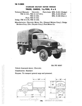 TM 9-2800 
STANDARD MILITARY MOTOR VEHICLES 
TRUCK, CARGO, 1V2-TON, 4x4 
Technical Manuals: Chevrolet, Parts Lists: SNL G-621 (Dodge) 
TM 10-1431, TM 10-1127 (Cl), SNL G-622 (Ford) 
TM 10-1203. SNL G-506 (Chev.) 
Ford, TM 10-1435. 
Dodge, TM 10-1179, TM 10-1193. 
Manufacturers: Chevrolet Motor Div. (General Motors Corp.); Dodge 
Brothers Corp. (Div. Chrysler Corp.); Ford Motor Co. 
RA PD 66567 
Vehicle illustrated above: Chevrolet 
Classification: Standard 
Purpose: To transport general cargo and personnel. 
196 
Generated on 2013-05-08 14:58 GMT / http://hdl.handle.net/2027/uc1.b3244022 
Public Domain, Google-digitized / http://www.hathitrust.org/access_use#pd-google 
 