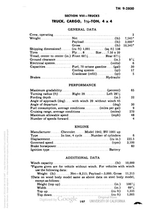 TM 9-2800 
SECTION VIII-TRUCKS 
TRUCK, CARGO, 1^-TON, 4x4 
GENERAL DATA 
Crew, operating 2 
Weight Net (Ib) 7,545* 
Payload (Ib) 3,000* 
Gross (Ib) 10,545* 
Shipping dimensions! (cu ft) 1,001 (sq ft) 138 
Tires Ply.. .8 Size ... 7.50 x 20 
Tread, center to center (in.).Front 60 ^ Rear 67J^ 
Ground clearance (in.) 9j/g 
Electrical system (volts) 6 
Capacities Fuel, 70 octane gasoline.... (gal) 30 
Cooling system (qt) 17 
Crankcase (refill) (qt) 5 
Brakes Hydraulic 
PERFORMANCE 
Maximum gradability (percent) 65 
Turning radius (ft) Right 29 Left 28^ 
Fording depth (in.) 32 
Angle of approach (deg).... with winch 39 . without winch 45 
Angle of departure (deg) 30 
Fuel consumption, average conditions (miles per gal) 9 
Cruising range, average conditions (miles) 270 
Maximum allowable speed (mph) 48 
Number of speeds forward 4 
ENGINE 
Manufacturer Chevrolet Model 1942, BV-1001 up 
Type In-line, 4 cycle Number of cylinders 6 
Displacement (cu in.) 235.5 
Governed speed (rpm) 3,100 
Brake horsepower 83 
Ignition type Battery 
ADDITIONAL DATA 
Winch capacity (Ib) 10,000 
*Figures given are for vehicle without winch. For vehicles with winch 
use the following data: 
Weight (Ib) Net—8,215; Payload—3,000; Gross 11,215 
Generated on 2013-05-08 14:58 GMT / http://hdl.handle.net/2027/uc1.b3244022 
Public Domain, Google-digitized / http://www.hathitrust.org/access_use#pd-google 
fData on wood body model same as above data on steel body model, 
except as follows: 
Height (top up) (in.) 106H 
Width (in.) 6934 
Top up (cu ft) 1,225 
Top down (cu ft) 1,005 
197 
 
