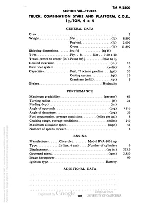TM 9-2800 
SECTION VIII-TRUCKS 
TRUCK, COMBINATION STAKE AND PLATFORM, C.O.E., 
li/2-TON, 4x4 
GENERAL DATA 
Crew 2 
Weight Net (Ib) 8,890 
Payload (Ib) 3,000 
Gross (Ib) 11,890 
Shipping dimensions (cu ft) (sq ft) 
Tires Ply... 8 Size ... 7.50 x 20 
Tread, center to center (in.).Front 60 H Rear 67H 
Ground clearance (in.) 10 
Electrical system (volts) 6 
Capacities Fuel, 72 octane gasoline. . . .(gal) 30 
Cooling system (qt) 16 
Crankcase (refill) (qt) 5 
Brakes Hydraulic 
PERFORMANCE 
Maximum gradability (percent) 65 
Turning radius (ft) 31 
Fording depth (in.) 
Angle of approach (deg) 41 % 
Angle of departure (deg) 29 
Fuel consumption, average conditions (miles per gal) 8 
Cruising range, average conditions (miles) 240 
Maximum allowable speed (mph) 43 
Number of speeds forward 4 
ENGINE 
Manufacturer Chevrolet Model BVA-1001 up 
Type In-line, 4 cycle Number of cylinders 6 
Displacement (cu in.) 235.5 
Governed speed (rpm) 2,850 
Brake horsepower 90 
Ignition type Battery 
ADDITIONAL DATA 
201 
Generated on 2013-05-08 14:56 GMT / http://hdl.handle.net/2027/uc1.b3244022 
Public Domain, Google-digitized / http://www.hathitrust.org/access_use#pd-google 
 