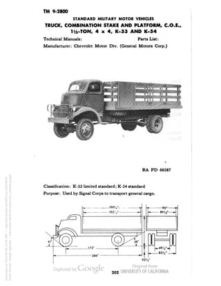 TM 9-2800 
STANDARD MILITARY MOTOR VEHICLES 
TRUCK, COMBINATION STAKE AND PLATFORM, C.O.E., 
li/2-TON, 4x4, K-33 AND K-54 
Technical Manuals: Parts List: 
Manufacturer: Chevrolet Motor Div. (General Motors Corp.) 
RA PD 66587 
Classification: K-33 limited standard; K-54 standard 
Purpose: Used by Signal Corps to transport general cargo. 
202 
Generated on 2013-05-08 14:56 GMT / http://hdl.handle.net/2027/uc1.b3244022 
Public Domain, Google-digitized / http://www.hathitrust.org/access_use#pd-google 
 