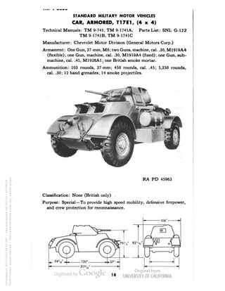 STANDARD MILITARY MOTOR VEHICLES 
CAR, ARMORED, T17E1, (4 x 4) 
Technical Manuals: TM 9-741, TM 9-1741A, Parts List: SNL G-122 
TM 9-1741B, TM 9-1741C 
Manufacturer: Chevrolet Motor Division (General Motors Corp.) 
Armament: One Gun, 37-mm, M6; two Guns, machine, cal. .30, M1919A4 
(flexible); one Gun, machine, cal. .30, M1919A4 (fixed); one Gun, sub-machine, 
cal. .45, M1928A1; one British smoke mortar. 
Ammunition: 103 rounds, 37-mm; 450 rounds, cal. .45; 5,250 rounds, 
cal. .30; 12 hand grenades; 14 smoke projectiles. 
RA PD 45963 
Classification: None (British only) • 
Purpose: Special—To provide high speed mobility, defensive firepower, 
and crew protection for reconnaissance. 
-106" 
V® f 
L=/i___£== 
18 
Generated on 2013-05-07 09:50 GMT / http://hdl.handle.net/2027/uc1.b3244022 
Public Domain, Google-digitized / http://www.hathitrust.org/access_use#pd-google 
 