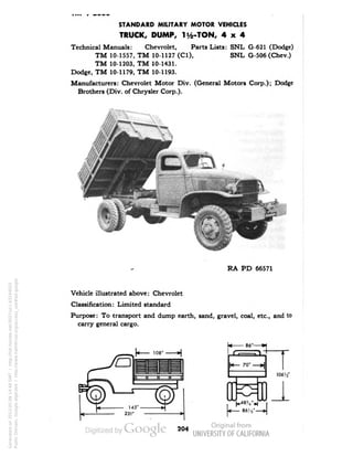 STANDARD MILITARY MOTOR VEHICLES 
TRUCK, DUMP, 1 i^-TON, 4x4 
Technical Manuals: Chevrolet, Parts Lists: SNL G-621 (Dodge) 
TM 10-1557, TM 10-1127 (C1), SNL G-506 (Chev.) 
TM 10-1203, TM 10-1431. 
Dodge, TM 10-1179, TM 10-1193. 
Manufacturers: Chevrolet Motor Div. (General Motors Corp.); Dodge 
Brothers (Div. of Chrysler Corp.). 
RA PD 66571 
Vehicle illustrated above: Chevrolet 
Classification: Limited standard 
Purpose: To transport and dump earth, sand, gravel, coal, etc., and to 
carry general cargo. 
8<S" 
70" 
OE 
861; 
106'j' 
204 
Generated on 2013-05-08 14:48 GMT / http://hdl.handle.net/2027/uc1.b3244022 
Public Domain, Google-digitized / http://www.hathitrust.org/access_use#pd-google 
 
