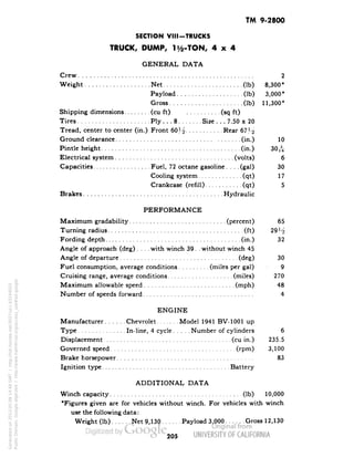TM 9-2800 
SECTION VIII-TRUCKS 
TRUCK, DUMP, li/2-TON, 4x4 
GENERAL DATA 
Crew 2 
Weight Net (Ib) 8,300* 
Payload (Ib) 3,000* 
Gross (Ib) 11,300* 
Shipping dimensions (cu ft) (sq ft) 
Tires Ply ... 8 Size . . . 7.50 x 20 
Tread, center to center (in.).Front 60^ Rear 67^ 
Ground clearance (in.) 10 
Pintle height (in.) 30^ 
Electrical system (volts) 6 
Capacities Fuel, 72 octane gasoline.... (gal) 30 
Cooling system (qt) 17 
Crankcase (refill) (qt) 5 
Brakes Hydraulic 
PERFORMANCE 
Maximum gradability (percent) 65 
Turning radius (ft) 2 9 .Hi 
Fording depth (in.) 32 
Angle of approach (deg) .... with winch 39. . without winch 45 
Angle of departure (deg) 30 
Fuel consumption, average conditions (miles per gal) • 9 
Cruising range, average conditions (miles) 270 
Maximum allowable speed (niph) 48 
Number of speeds forward 4 
ENGINE 
Manufacturer Chevrolet Model 1941 BV-1001 up 
Type In-line, 4 cycle Number of cylinders 6 
Displacement (cu in.) 235.5 
Governed speed (rpm) 3,100 
Brake horsepower 83 
Ignition type Battery 
ADDITIONAL DATA 
Winch capacity (Ib) 10,000 
*Figures given are for vehicles without winch. For vehicles with winch 
use the following data: 
Generated on 2013-05-08 14:48 GMT / http://hdl.handle.net/2027/uc1.b3244022 
Public Domain, Google-digitized / http://www.hathitrust.org/access_use#pd-google 
Weight (Ib) Net 9,130 Payload 3,000 Gross 12,130 
205 
 
