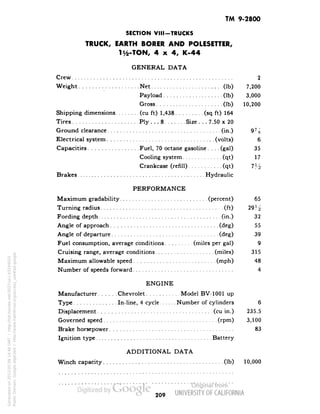 TM 9-2800 
SECTION VIII-TRUCKS 
TRUCK, EARTH BORER AND POLESETTER, 
li/2-TON, 4x4, K-44 
GENERAL DATA 
Crew 2 
Weight Net (Ib) 7,200 
Payload (Ib) 3,000 
Gross (Ib) 10,200 
Shipping dimensions (cu ft) 1,438 (sq ft) 164 
Tires Ply ... 8 Size ... 7.50 x 20 
Ground clearance (in.) 9j-g 
Electrical system (volts) 6 
Capacities Fuel, 70 octane gasoline.... (gal) 35 
Cooling system (qt) 17 
Crankcase (refill) (qt) 7Yi 
Brakes Hydraulic 
PERFORMANCE 
Maximum gradability (percent) 65 
Turning radius (ft) 29H 
Fording depth (in.) 32 
Angle of approach (deg) 55 
Angle of departure (deg) 39 
Fuel consumption, average conditions (miles per gal) 9 
Cruising range, average conditions (miles) 315 
Maximum allowable speed (mph) 48 
Number of speeds forward 4 
ENGINE 
Manufacturer Chevrolet Model BV-1001 up 
Type In-line, 4 cycle Number of cylinders 6 
Displacement (cu in.) 235.5 
Governed speed (rpm) 3,100 
Brake horsepower 83 
Ignition type Battery 
ADDITIONAL DATA 
Winch capacity (Ib) 10,000 
209 
Generated on 2013-05-08 14:46 GMT / http://hdl.handle.net/2027/uc1.b3244022 
Public Domain, Google-digitized / http://www.hathitrust.org/access_use#pd-google 
 