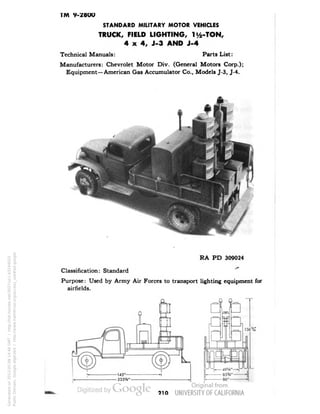 TM 7-28OO 
STANDARD MILITARY MOTOR VEHICLES 
TRUCK, FIELD LIGHTING, 1^-TON, 
4x4, J-3 AND J-4 
Technical Manuals: Parts List: 
Manufacturers: Chevrolet Motor Div. (General Motors Corp.); 
Equipment—American Gas Accumulator Co., Models J-3, J-4. 
RA PD 309024 
Classification: Standard 
Purpose: Used by Army Air Forces to transport lighting equipment for 
airfields. 
O Q 
210 
Generated on 2013-05-08 14:46 GMT / http://hdl.handle.net/2027/uc1.b3244022 
Public Domain, Google-digitized / http://www.hathitrust.org/access_use#pd-google 
 