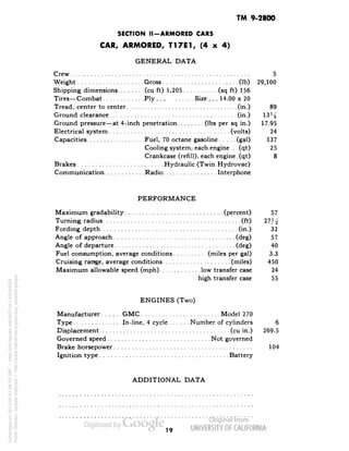 TM 9-2800 
SECTION II-ARMORED CARS 
CAR, ARMORED, T17E1, (4 x 4) 
GENERAL DATA 
Crew 5 
Weight Gross (Ib) 29,100 
Shipping dimensions (cu ft) 1,205 (sq ft) 156 
Tires—Combat Ply Size . . . 14.00 x 20 
Tread, center to center (in.) 89 
Ground clearance (in.) 13V^ 
Ground pressure—at 4-inch penetration (Ibs per sq in.) 17.95 
Electrical system (volts) 24 
Capacities Fuel, 70 octane gasoline (gal) 137 
Cooling system, each engine... (qt) 25 
Crankcase (refill), each engine, (qt) 8 
Brakes Hydraulic (Twin Hydrovac) 
Communication Radio Interphone 
PERFORMANCE 
Maximum gradability (percent) 57 
Turning radius (ft) 27 J^ 
Fording depth (in.) 32 
Angle of approach (deg) 57 
Angle of departure (deg) 40 
Fuel consumption, average conditions (miles per gal) 3.3 
Cruising range, average conditions (miles) 450 
Maximum allowable speed (mph) low transfer case 24 
high transfer case 55 
ENGINES (Two) 
Manufacturer GMC Model 270 
Type In-line, 4 cycle Number of cylinders 6 
Displacement (cu in.) 269.5 
Governed speed Not governed 
Brake horsepower 104 
Ignition type Battery 
ADDITIONAL DATA 
19 
Generated on 2013-05-07 09:50 GMT / http://hdl.handle.net/2027/uc1.b3244022 
Public Domain, Google-digitized / http://www.hathitrust.org/access_use#pd-google 
 