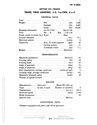 TM 9-2800 
SECTION VJII-TRUCKS 
TRUCK, FIELD LIGHTING, J-5, 1^-TON, 4x4 
GENERAL DATA 
Crew 2 
Weight Net (Ib) 7,200 
Payload (Ib) 3,000 
Gross (Ib) 10,200 
Shipping dimensions (cu ft) 1,430 (sq ft) 130 
Tires Ply ... 8. ..... .Size ... 7.50 x 20 
Tread, center to center (in.) Front Rear 
Ground clearance (in.) 97/g 
Electrical system (volts) 6 
Capacities Fuel, 70 octane gasoline.... (gal) 30 
Cooling system (qt) 17 
Crankcase (refill) (qt) 71A 
Brakes Hydraulic 
PERFORMANCE 
Maximum gradability (percent) 65 
Turning radius (ft) 28 
Fording depth (in.) 32 
Angle of approach (deg) 45 
Angle of departure (deg) 30 
Fuel consumption, average conditions (miles per gal) 9 
Cruising range, average conditions (miles) 195 
Maximum allowable speed (mph) 48 
Number of speeds forward 
ENGINE 
Manufacturer Chevrolet Model BV-1001 up 
Type In-line, 4 cycle Number of cylinders 6 
Displacement (cu in.) 235.5 
Governed speed (rpm) 3,100 
Brake horsepower 83 
Ignition type Battery 
ADDITIONAL DATA 
Chassis is equipped with power take-off for generator. 
213 
Generated on 2013-05-08 14:44 GMT / http://hdl.handle.net/2027/uc1.b3244022 
Public Domain, Google-digitized / http://www.hathitrust.org/access_use#pd-google 
 
