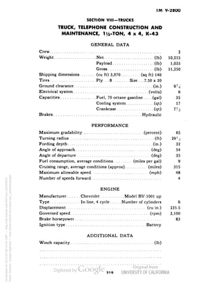 TM 9-2800 
SECTION VIII-TRUCKS 
TRUCK, TELEPHONE CONSTRUCTION AND 
MAINTENANCE, li/2-TON, 4x4, K-43 
GENERAL DATA 
Crew 2 
Weight Net (Ib) 10,215 
Payload (Ib) 1,035 
Gross (Ib) 11,250 
Shipping dimensions (cu ft) 3,070 (sq ft) 140 
Tires Ply. . .8 Size. . .7.50 x 20 
Ground clearance (in.) 97/g 
Electrical system (volts) 6 
Capacities Fuel, 70 octane gasoline.... (gal) 35 
Cooling system (qt) 17 
Crankcase (qt) 7 Yi 
Brakes Hydraulic 
PERFORMANCE 
Maximum gradability (percent) 65 
Turning radius (ft) 29 V, 
Fording depth (in.) 32 
Angle of approach (deg) 54 
Angle of departure (deg) 35 
Fuel consumption, average conditions (miles per gal) 9 
Cruising range, average conditions (approx) (miles) 315 
Maximum allowable speed (mph) 48 
Number of speeds forward 4 
ENGINE 
Manufacturer Chevrolet Model BV-1001 up 
Type In-line, 4 cycle Number of cylinders 6 
Displacement (cu in.) 235.5 
Governed speed (rpm) 3,100 
Brake horsepower 83 
Ignition type Battery 
ADDITIONAL DATA 
Winch capacity (Ib) 
919 
Generated on 2013-05-08 14:41 GMT / http://hdl.handle.net/2027/uc1.b3244022 
Public Domain, Google-digitized / http://www.hathitrust.org/access_use#pd-google 
 