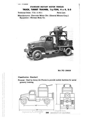 STANDARD MILITARY MOTOR VEHICLES 
TRUCK, TURRET TRAINER, ly2-TON, 4x4, 1-5 
Technical Order: T.O. 11-65-1 Parts List: 
Manufacturers: Chevrolet Motor Div. (General Motors Corp.) 
Equipment—Herman Body Co. 
RA PD 309026 
Classification: Standard 
Purpose: Used by Army Air Forces to provide mobile facilities for aerial 
gunnery training. 
220 
Generated on 2013-05-08 14:41 GMT / http://hdl.handle.net/2027/uc1.b3244022 
Public Domain, Google-digitized / http://www.hathitrust.org/access_use#pd-google 
 