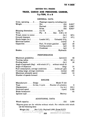 TM 9-2800 
SECTION VIII-TRUCKS 
TRUCK, CARGO AND PERSONNEL CARRIER, 
1 i/2-TONA 6x6 
GENERAL DATA 
Crew, operating 2 Passenger capacity, including crew 
Weight Net (Ib) 6,925* 
Payload (Ib) 3,000* 
Gross (Ib) 9,925* 
Shipping dimensions (cu ft) (sq ft) 
Tires Ply... 8 Size. . . 9.00 x 16 
Tread, center to center (in.) 64% 
Ground clearance (in.) 1O^j 
Pintle height (in.) Loaded 26% Unloaded 27% 
Electrical system (volts) 6 
Capacities Fuel, 70 octane gasoline.... (gal) 30 
Cooling system (qt) 18 
Crankcase (qt) 5 
Brakes Hydraulic 
PERFORMANCE 
Maximum gradability (percent) 60 
Turning radius (ft) 26H 
Fording depth (in.) 34 
Angle of approach (deg). . with winch 37H • • • without winch 54 
Angle of departure (deg) 31 
Fuel consumption, average conditions (miles per gal) 8 
Cruising range, average conditions. (miles) 240 
Maximum allowable speed (mph) 54 
Number of speeds forward 4 
ENGINE 
Manufacturer Dodge Model T-223 
Type In-line, 4 cycle Number of cylinders 6 
Displacement (cu in.) 230.2 
Governed speed (rpm) 3,200 
Brake horsepower 92 
Ignition type Battery 
ADDITIONAL DATA 
Winch capacity (Ib) 5,000 
*Figures given are for vehicles without winch. For vehicles with winch 
Generated on 2013-05-08 14:36 GMT / http://hdl.handle.net/2027/uc1.b3244022 
Public Domain, Google-digitized / http://www.hathitrust.org/access_use#pd-google 
use the following data: 
Weight (Ib) Net 7,375; Payload 3,000; Gross 10,375 
223 
 