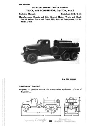 STANDARD MILITARY MOTOR VEHICLES 
im 
TRUCK, AIR COMPRESSOR, 2y2-TON, 6x6 
Technical Manuals: Parts List: SNL G-508 
Manufacturers: Chassis and Cab, General Motors Truck and Coach 
Div. of Yellow Truck and Coach Mfg. Co.; Air Compressor, Le Roi 
Model D 318. 
RA PD 308990 
Classification: Standard 
Purpose: To provide mobile air compression equipment (Corps of 
Engineers). 
238 
Generated on 2013-05-08 07:42 GMT / http://hdl.handle.net/2027/uc1.b3244022 
Public Domain, Google-digitized / http://www.hathitrust.org/access_use#pd-google 
 