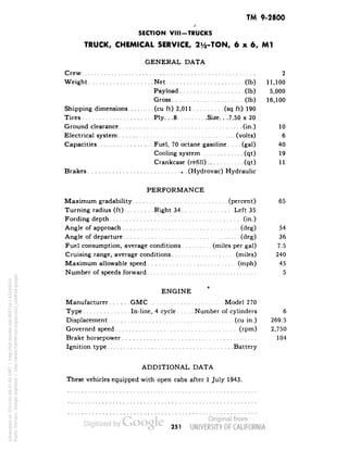 TM 9-2500 
/ 
SECTION VIII-TRUCKS 
TRUCK, CHEMICAL SERVICE, 2y2-TON, 6 x 6, Ml 
GENERAL DATA 
Crew 2 
Weight Net (Ib) 11,100 
Payload (Ib) 5,000 
Gross (Ib) 16,100 
Shipping dimensions (cu ft) 2,011 (sq ft) 190 
Tires Ply.. .8 Size.. .7.50 x 20 
Ground clearance (in.) 10 
Electrical system (volts) 6 
Capacities Fuel, 70 octane gasoline. . . .(gal) 40 
Cooling system (qt) 19 
Crankcase (refill) (qt) 11 
Brakes » . (Hydrovac) Hydraulic 
PERFORMANCE 
Maximum gradability (percent) 65 
Turning radius (ft) Right 34 Left 35 
Fording depth (in.) 
Angle of approach (deg) 54 
Angle of departure (deg) 36 
Fuel consumption, average conditions (miles per gal) 7.5 
Cruising range, average conditions (miles) 240 
Maximum allowable speed (mph) 45 
Number of speeds forward 5 
ENGINE 
Manufacturer GMC Model 270 
Type In-line, 4 cycle Number of cylinders 6 
Displacement (cu in.) 269.5 
Governed speed (rpm) 2,750 
Brake horsepower 104 
Ignition type Battery 
ADDITIONAL DATA 
These vehicles equipped with open cabs after 1 July 1943. 
251 
Generated on 2013-05-08 07:45 GMT / http://hdl.handle.net/2027/uc1.b3244022 
Public Domain, Google-digitized / http://www.hathitrust.org/access_use#pd-google 
 