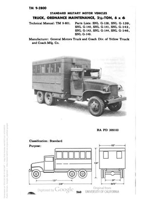 TM 9-2800 
STANDARD MILITARY MOTOR VEHICLES 
TRUCK, ORDNANCE MAINTENANCE, 2^-TON, 6x6 
Technical Manual: TM 9-801. Parts Lists: SNL G-138, SNL G-139, 
SNL G-140, SNL G-141, SNL G-142, 
SNL G-143, SNL G-144, SNL G-146, 
SNL G-149. 
Manufacturer: General Motors Truck and Coach Div. of Yellow Truck 
and Coach Mfg. Co. 
RA PD 309103 
Classification: Standard 
Purpose: 
108" 
-95" 
D 
260 
Generated on 2013-05-08 07:48 GMT / http://hdl.handle.net/2027/uc1.b3244022 
Public Domain, Google-digitized / http://www.hathitrust.org/access_use#pd-google 
 
