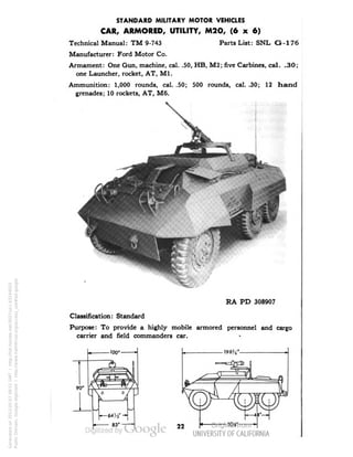 STANDARD MILITARY MOTOR VEHICLES 
CAR, ARMORED, UTILITY, M2O, (6 x 6) 
Technical Manual: TM 9-743 Parts List: SNL G-176 
Manufacturer: Ford Motor Co. 
Armament: One Gun, machine, cal. .50, HB, M2; five Carbines, cal. .30; 
one Launcher, rocket, AT, M1. 
Ammunition: 1,000 rounds, cal. .50; 500 rounds, cal. .30; 12 hand 
grenades; 10 rockets, AT, M6. 
RA PD 308907 
Classification: Standard 
Purpose: To provide a highly mobile armored personnel and cargo 
carrier and field commanders car. 
Generated on 2013-05-07 09:51 GMT / http://hdl.handle.net/2027/uc1.b3244022 
Public Domain, Google-digitized / http://www.hathitrust.org/access_use#pd-google 
 