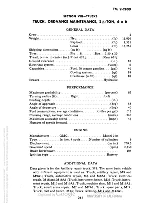 TM 9-2800 
SECTION VIII-TRUCKS 
TRUCK, ORDNANCE MAINTENANCE, 2^-TON, 6x6 
GENERAL DATA 
Crew 2 
Weight Net (Ib) 11,930 
Payload (Ib) 1,335 
Gross (Ib) 13,265 
Shipping dimensions (cu ft) (sq ft) 
Tires Ply... 8 Size. . . 7:50 x 20 
Tread, center to center (in.) Front 62% Rear 67% 
Ground clearance (in.) 10 
Electrical system (volts) 6 
Capacities Fuel, 70 octane gasoline. . . .(gal) 40 
Cooling system (qt) 19 
Crankcase (refill) (qt) 10 
Brakes Hydraulic 
PERFORMANCE 
Maximum gradability (percent) 65 
Turning radius (ft) Right Left 
Fording depth (in.) 
Angle of approach (deg) 56 
Angle of departure (deg) 40 
Fuel consumption, average conditions (miles per gal) 7.5 
Cruising range, average conditions (miles) 240 
Maximum allowable speed (mph) 45 
Number of speeds forward 
ENGINE 
Manufacturer GMC Model 270 
Type In-line, 4 cycle Number of cylinders 6 
Displacement (cu in.) 269.5 
Governed speed (rPm) 2,750 
Brake horsepower 104 
Ignition type Battery 
ADDITIONAL DATA 
Data given is for the Artillery repair truck, M9. The same basic vehicle 
with different equipment is used as: Truck, artillery repair, M9 and 
M9A1; Truck, automotive repair, M8 and M8A1; Truck, electrical 
repair, M18 and M18A1; Truck, instrument bench, M23; Truck, instru-ment 
Generated on 2013-05-08 08:36 GMT / http://hdl.handle.net/2027/uc1.b3244022 
Public Domain, Google-digitized / http://www.hathitrust.org/access_use#pd-google 
repair, M10 and M10A1; Truck, machine shop, M16 and M16A1; 
Truck, small arms repair, M7 and M7A1; Truck, spare parts, M14; 
Truck, tool and bench, M13; Truck, welding, M12 and M12A1. 
261 
 