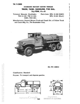 TM 9-2800 
STANDARD MILITARY MOTOR VEHICLES 
TRUCK, TANK, GASOLINE, 75O GAL. 
21/2-TON, 6x6 
Technical Manuals: Studebaker, Parts Lists: SNL G-508 (GMC) 
TM 10-1387, TM 10-1565. SNL G-630 (Stud.) 
CMC, TM 9-801. 
Manufacturers: General Motors Truck and Coach Div. of Yellow Truck 
and Coach Mfg. Co.; The Studebaker Corp. 
RA PD 308955 
Classification: Standard 
Purpose: To transport and dispense gasoline. 
264 
Generated on 2013-05-08 08:38 GMT / http://hdl.handle.net/2027/uc1.b3244022 
Public Domain, Google-digitized / http://www.hathitrust.org/access_use#pd-google 
 