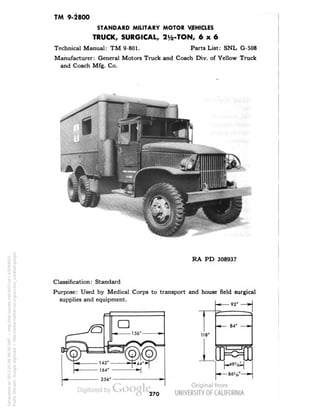 TM 9-2800 
STANDARD MILITARY MOTOR VEHICLES 
TRUCK, SURGICAL, 21/2-TON, 6x6 
Technical Manual: TM 9-801. Parts List: SNL G-508 
Manufacturer: General Motors Truck and Coach Div. of Yellow Truck 
and Coach Mfg. Co. 
RA PD 308937 
Classification: Standard 
Purpose: Used by Medical Corps to transport and house field surgical 
supplies and equipment. 
92 
118" 
84" 
CO 
-49' 
270 
Generated on 2013-05-08 08:39 GMT / http://hdl.handle.net/2027/uc1.b3244022 
Public Domain, Google-digitized / http://www.hathitrust.org/access_use#pd-google 
 