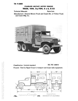 TM 9-2800 
STANDARD MILITARY MOTOR VEHICLES 
TRUCK, VAN, 21/2-TON, 6x6, K-53 
Technical Manuals: Parts List: 
Manufacturer: General Motors Truck and Coach Div. of Yellow Truck 
and Coach Mfg. Co. 
Classification: Limited standard RA PD 308970 
Purpose: Used by Signal Corps to transport and house radio equipment. 
272 
Generated on 2013-05-08 08:47 GMT / http://hdl.handle.net/2027/uc1.b3244022 
Public Domain, Google-digitized / http://www.hathitrust.org/access_use#pd-google 
 