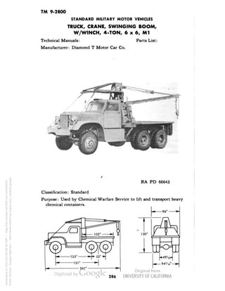 TM 9-2800 
STANDARD MILITARY MOTOR VEHICLES 
TRUCK, CRANE, SWINGING BOOM, 
W/WINCH, 4-TON, 6 x 6, Ml 
Technical Manuals: Parts List: 
Manufacturer: Diamond T Motor Car Co. 
RA PD 66643 
Classification: Standard 
Purpose: Used by Chemical Warfare Service to lift and transport heavy 
chemical containers. 
286 
Generated on 2013-05-08 08:56 GMT / http://hdl.handle.net/2027/uc1.b3244022 
Public Domain, Google-digitized / http://www.hathitrust.org/access_use#pd-google 
 