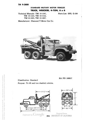 TM 9-2800 
STANDARD MILITARY MOTOR VEHICLES 
TRUCK, WRECKER, 4-TON, 6x6 
Technical Manuals: TM 10-1297, Parts List: SNL G-509 
TM 10-1335, TM 10-1533, 
TM 10-1605, TM 10-1607. 
Manufacturer: Diamond T Motor Car Co. 
Classification: Standard 
Purpose: To lift and tow disabled vehicles. 
RA PD 308957 
OKXD 
294 
Generated on 2013-05-08 10:39 GMT / http://hdl.handle.net/2027/uc1.b3244022 
Public Domain, Google-digitized / http://www.hathitrust.org/access_use#pd-google 
 