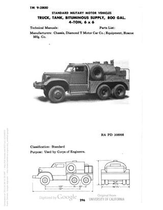 TM 9-2800 
STANDARD MILITARY MOTOR VEHICLES 
TRUCK, TANK, BITUMINOUS SUPPLY, 8OO GAL. 
4-TON, 6x6 
Technical Manuals: Parts List: 
Manufacturers: Chassis, Diamond T Motor Car Co.; Equipment, Roscoe 
Mfg. Co. 
RA PD 308998 
Classification: Standard 
Purpose: Used by Corps of Engineers. 
296 
Generated on 2013-05-08 10:39 GMT / http://hdl.handle.net/2027/uc1.b3244022 
Public Domain, Google-digitized / http://www.hathitrust.org/access_use#pd-google 
 
