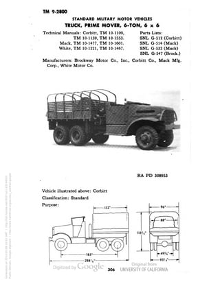 TM 9-2800 
STANDARD MILITARY MOTOR VEHICLES 
TRUCK, PRIME MOVER, 6-TON, 6x6 
Technical Manuals: Corbitt, TM 10-1109, Parts Lists: 
TM 10-1159, TM 10-1553. SNL G-512 (Corbitt) 
Mack, TM 10-1477, TM 10-1601. SNL G-514 (Mack) 
White, TM 10-1221, TM 10-1467. SNL G-532 (Mack) 
SNL G-547 (Brock.) 
Manufacturers: Brockway Motor Co., Inc., Corbitt Co., Mack Mfg. 
Corp., White Motor Co. 
RA PD 308953 
Vehicle illustrated above: Corbitt 
Classification: Standard 
Purpose: 
306 
Generated on 2013-05-08 10:52 GMT / http://hdl.handle.net/2027/uc1.b3244022 
Public Domain, Google-digitized / http://www.hathitrust.org/access_use#pd-google 
 